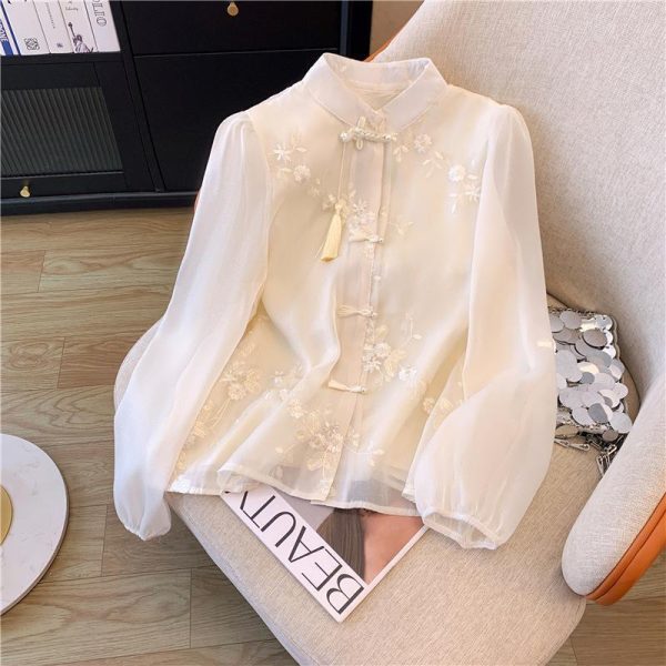 buttoned stand collar chiffon shirt